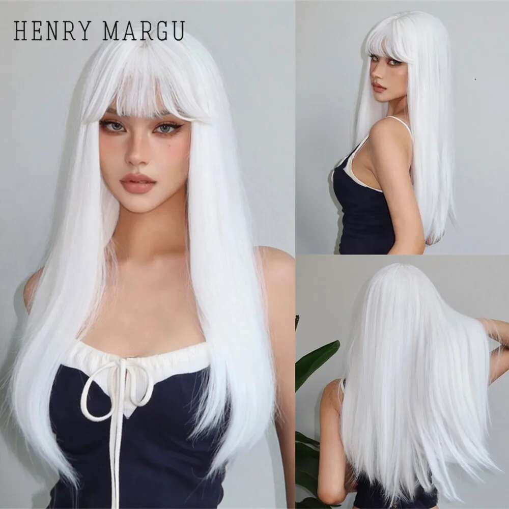 HENRY MARGU Long Straight Synthetic Wigs For Women Colorful Cosplay Party Fake Hair With Bangs White Wig Hightemperature