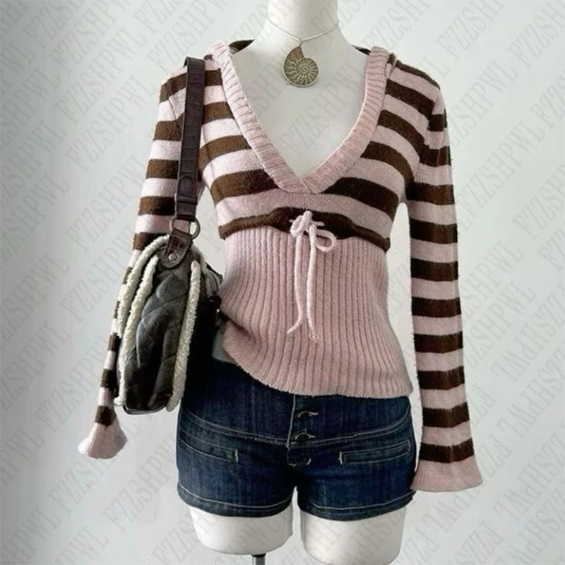 Vintage Harajuku Women hooded pullover sweater Y2K striped streetwear casual hip-hop rock punk autumn and winter sweater emo 250227