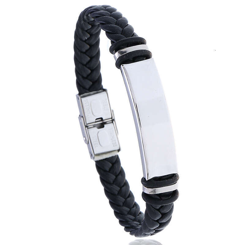 Leather woven stainless steel men's simple smooth PU leather bracelet