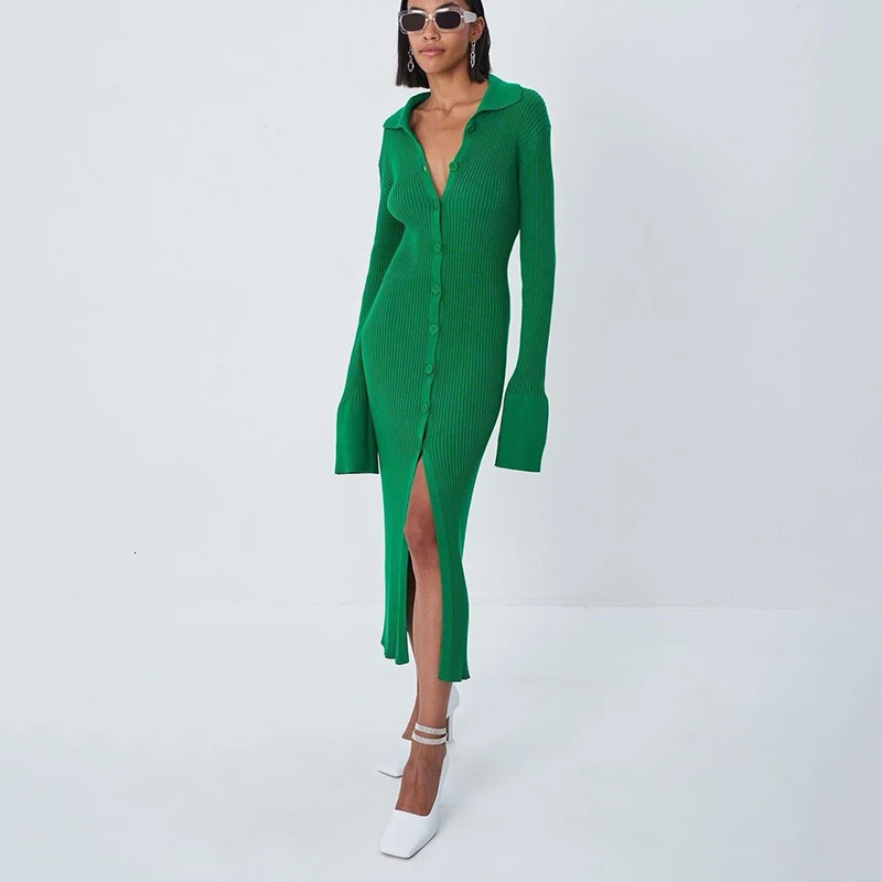Flare Sleeve Knitted Dress Women Y2K Autumn Winter Sexy Slim Green Midi Dress American Single Breasted Streetwear Club Dresses 250226