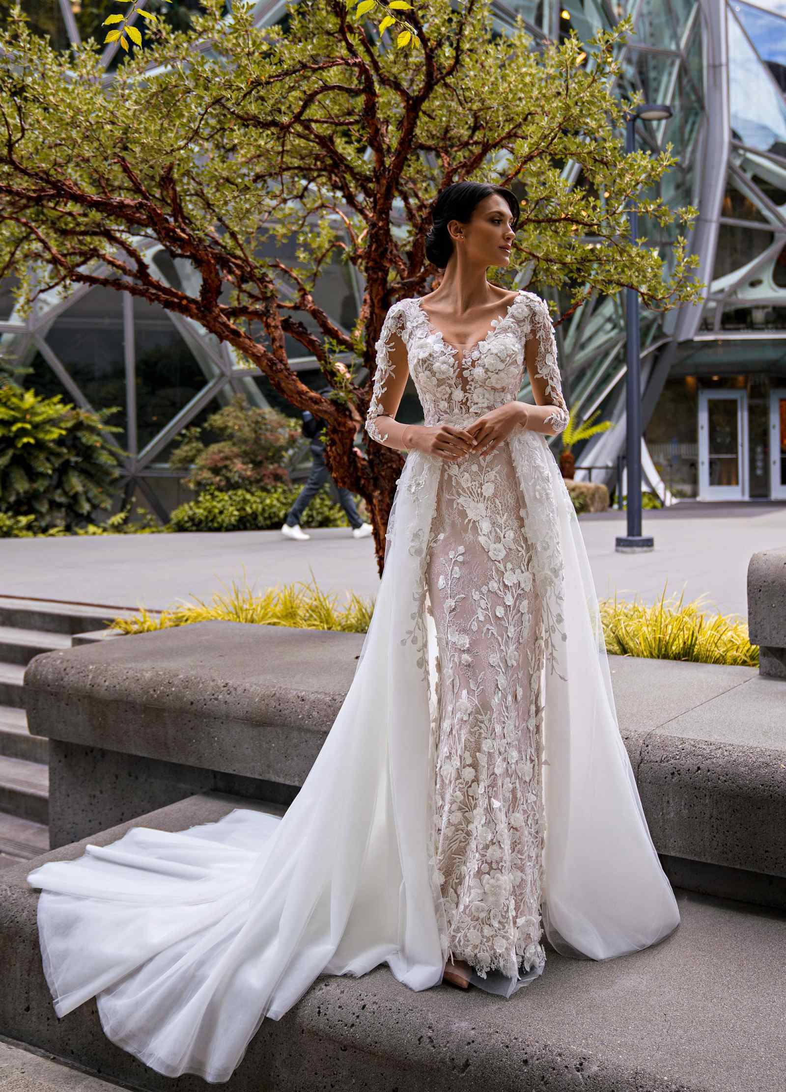 Customized Vintage Mermaid Wedding Dress With Detachable Train V Neck wers Appliques Long Seeve Princess Bridal Gowns