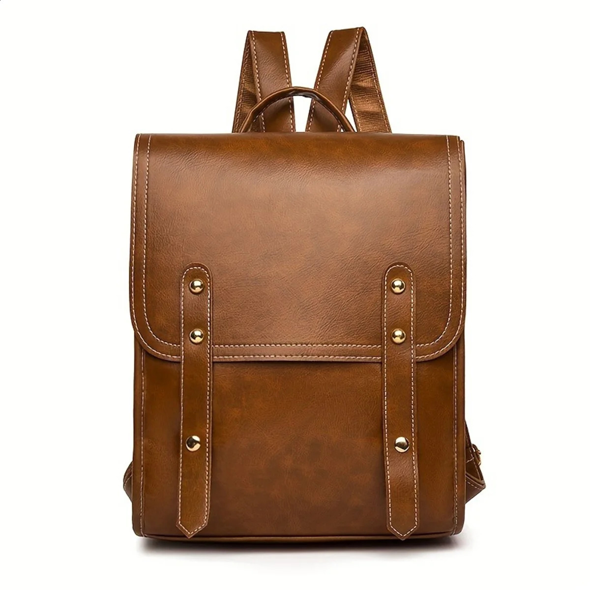 Ship from US Vegan Leather Backpack Vintage Laptop Bookbag For Women Men Brown Faux Purse Weekend Travel Daypack 250304FBB