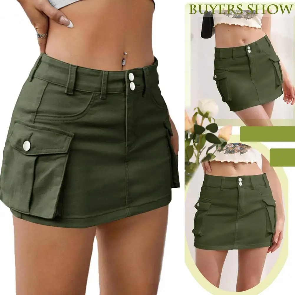 Denim Skirt with Pockets Stylish Womens Denim Cargo Skirt with Button Fly Pockets Low Waist Mini Jean Skirt for Streetwear 250227