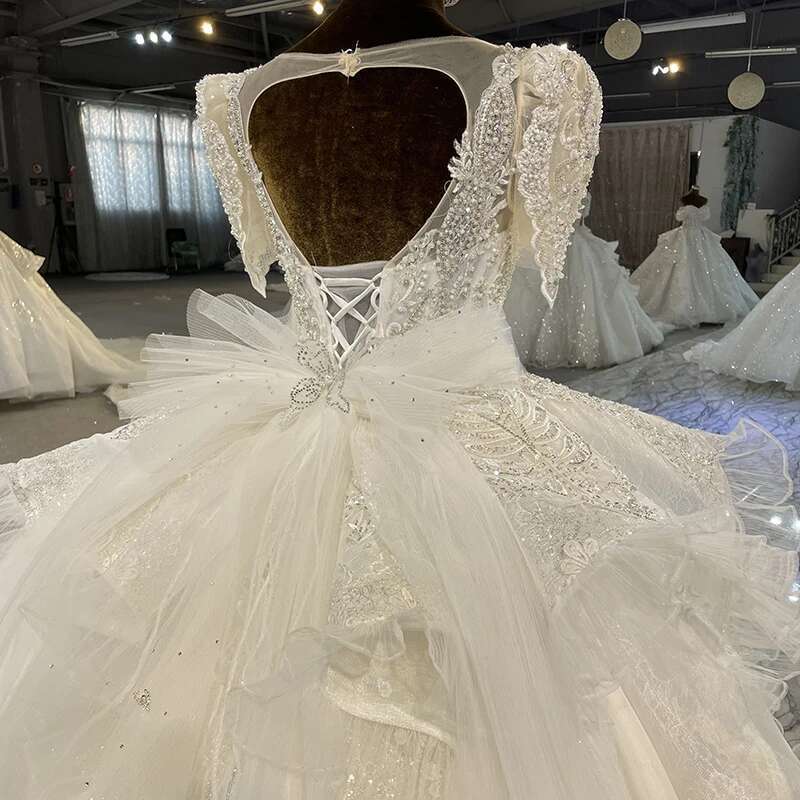 Classic for women bride custom organza short sleeves o-neck wedding dress pearls sequins novia dresses
