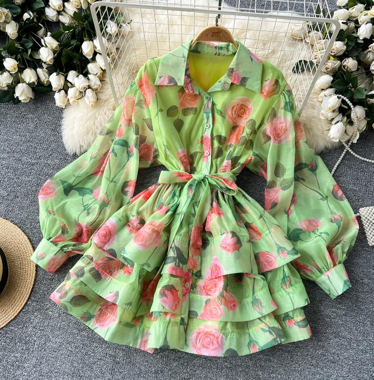 Summer Womens Chiffon Printed Long Sleeve Folding Fashion Elegant and Casual Big Swing Dress 240828