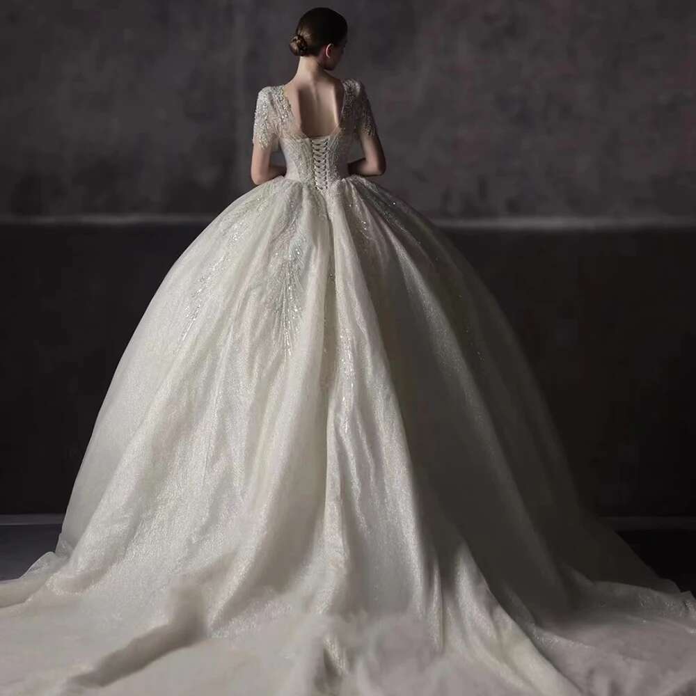 Train Court with V-neckline Short Sleeves Lace Wedding Dresses Custom lsht053