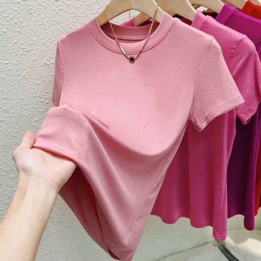 Womens Elastic Crew Neck T-Shirt Solid Ribbed Tops Pink Short Sleeve Tight Bottom Basic Shirt Casual Sexy Slim Summer Tops TeeT250228