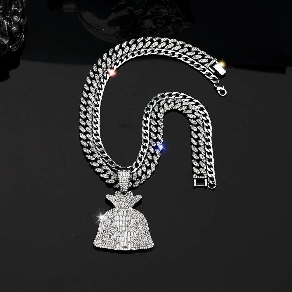 Creative Hip Hop Beauty Money Bag Necklace Pendant for Men and Women, Double layered Stacked Full Dia Cuban Chain