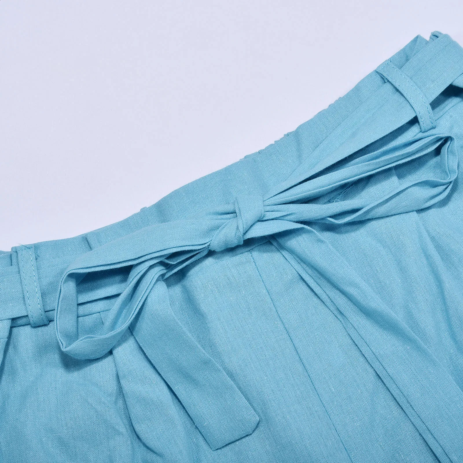 Fashion Half Sleeve VNeck Shirt Casual Loose Two Piece Set For Women Straight Pocket Belt Pants Summer Cotton Linen Suit 250228