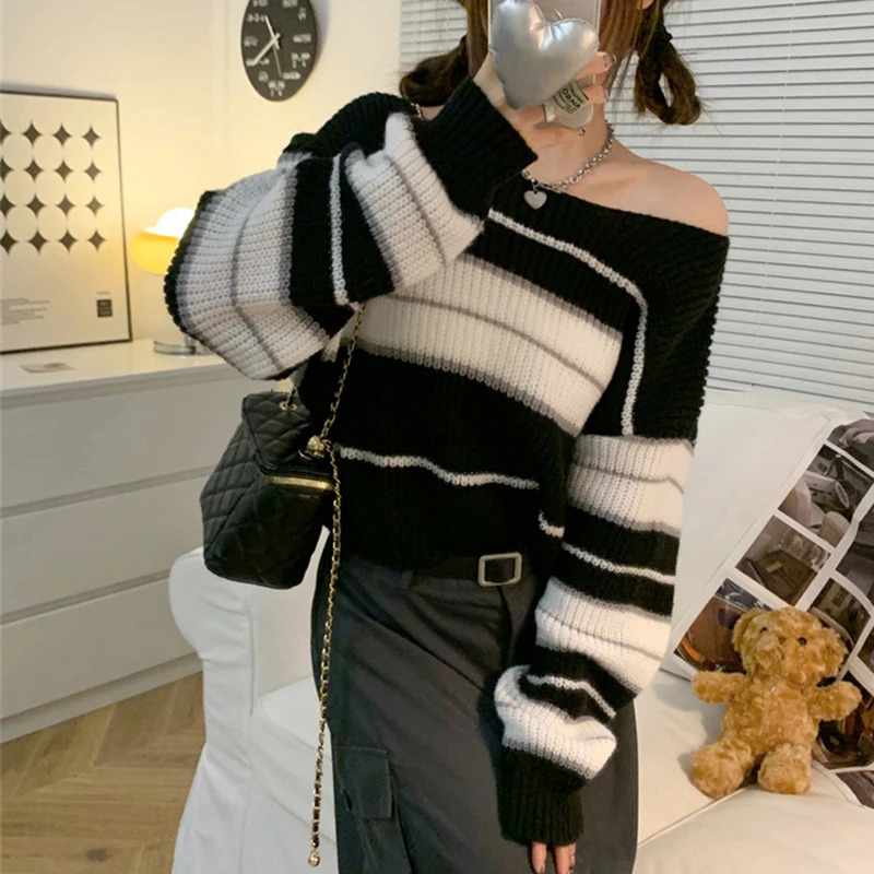 Womens Striped Jumper Vintage Female Autumn Long Sleeve Casual Cropped Sweater 250225