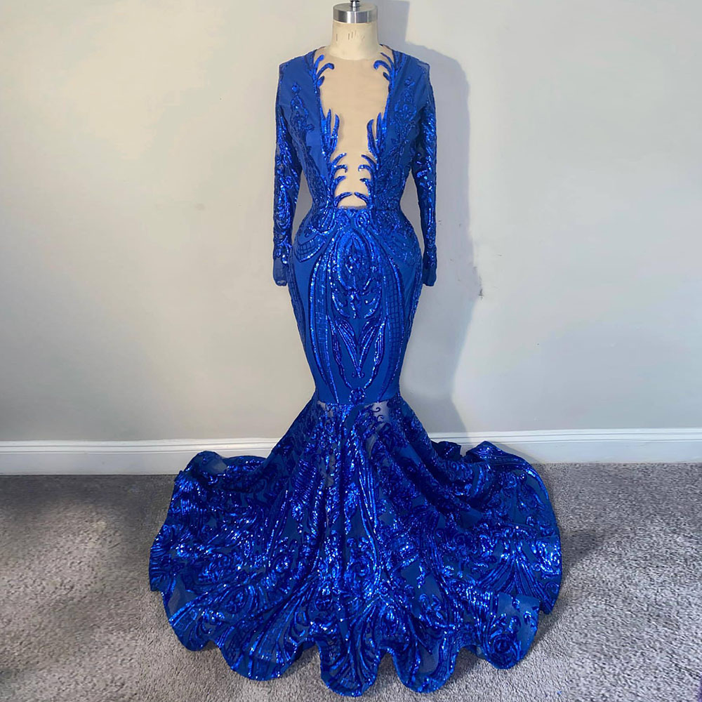Elegant Royal Blue Prom Dresses For Black Girl Luxury Mermaid Evening Gowns Long Sleeves Club Party Wear Customized