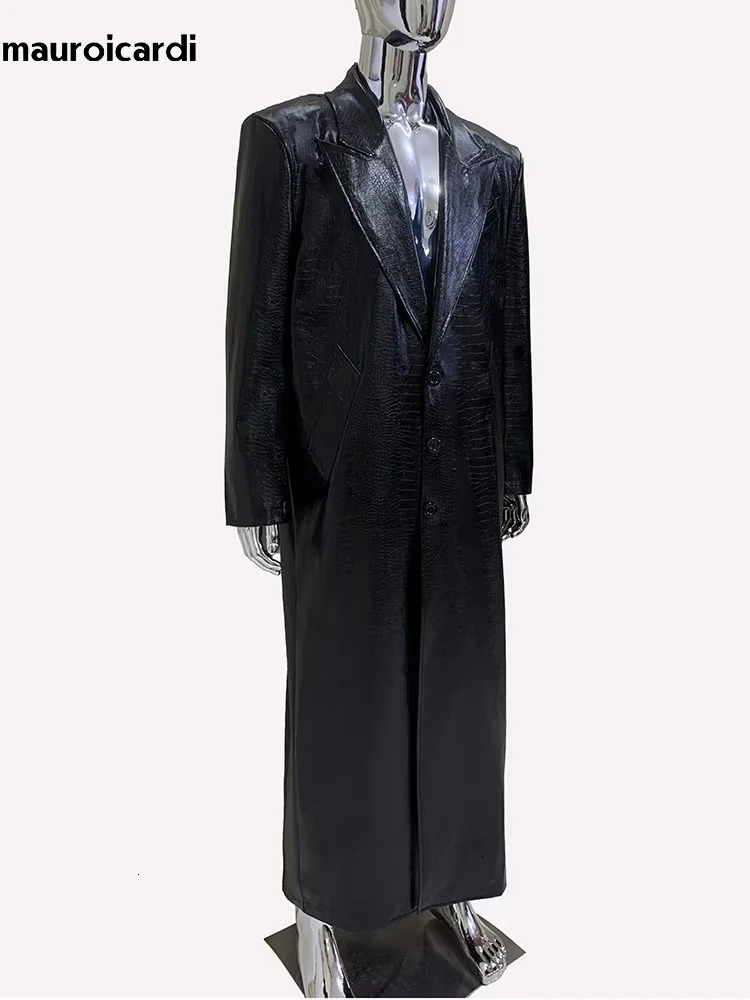 Mauroicardi Spring Autumn Maxi Black Print Pu Leather Trench Coat Men Single Breasted European Fashion 250225