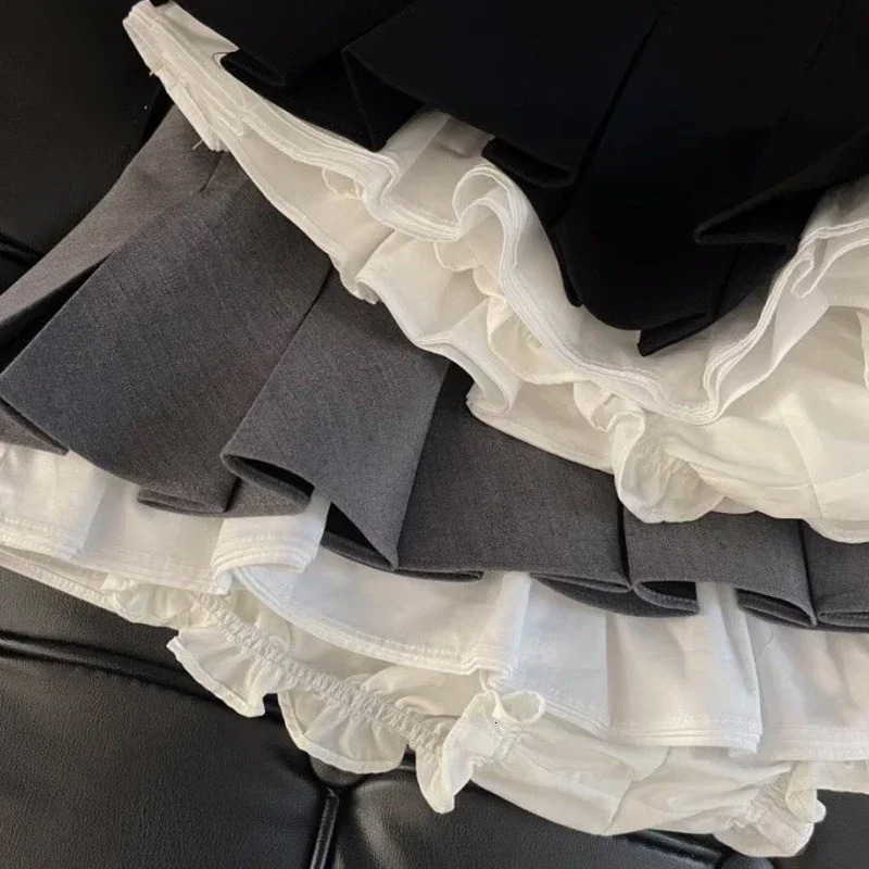 Ruffles Black Mini Skirt Women Korean Patchwork Pleated Skirts Japanese Kawaii High Waist All Match A Line Skirt 250227
