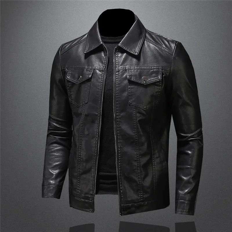 Mens Motorcycle Leather Jacket Large Size Pocket Black Zipper Lapel Slim Fit Male Spring and Autumn High Quality Pu Coat M5Xl 250225
