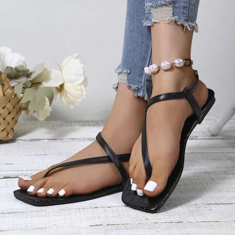 Fashion Women Square Clip Toe Sandals Summer Soft Sole Comfort Non Slip Beach Sandels Bright Color Narrow Band atos Mujer