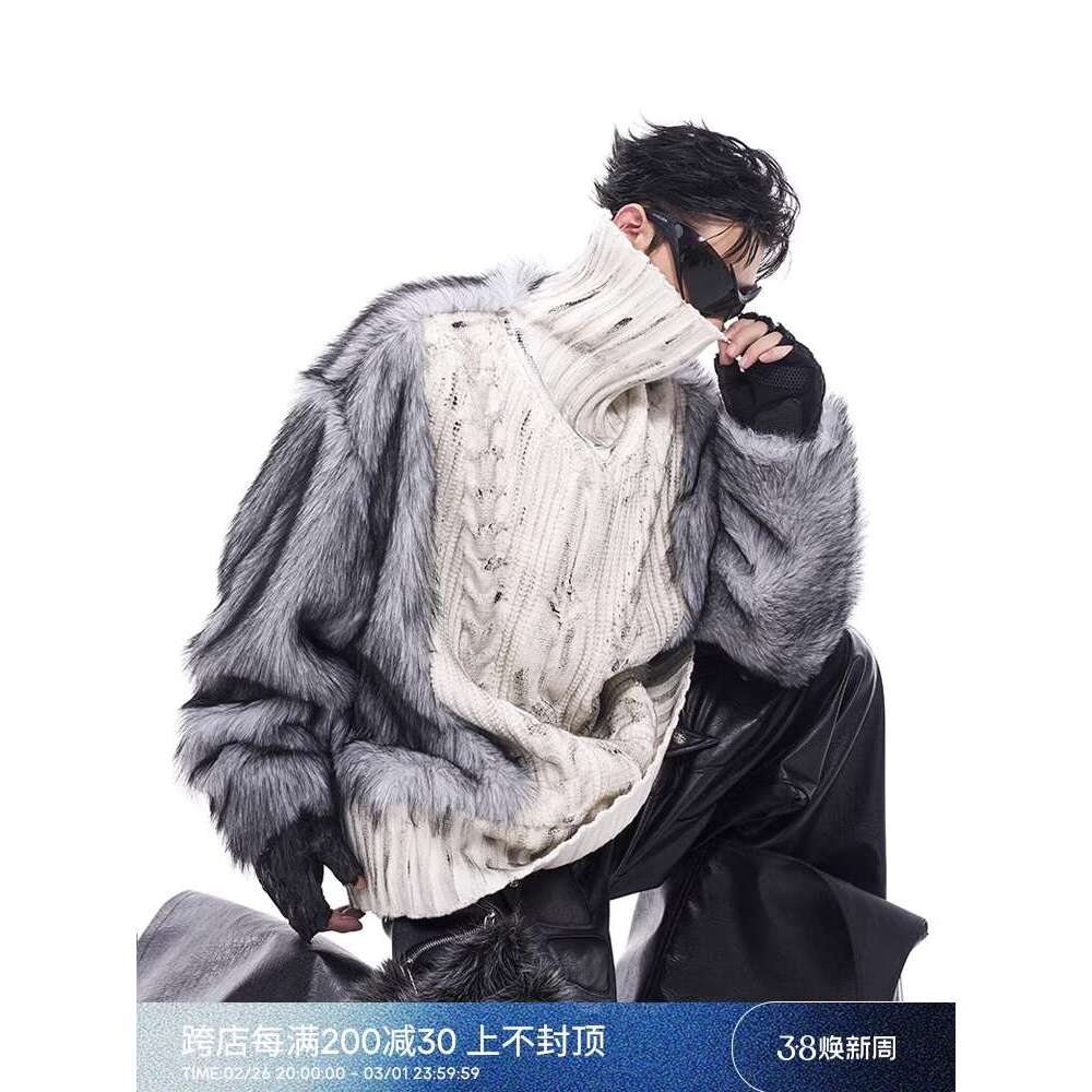 S men's high neck spliced sweater, autumn and winter, thick velvet lining and hand-painted knitted sweater Fur spliced sweater