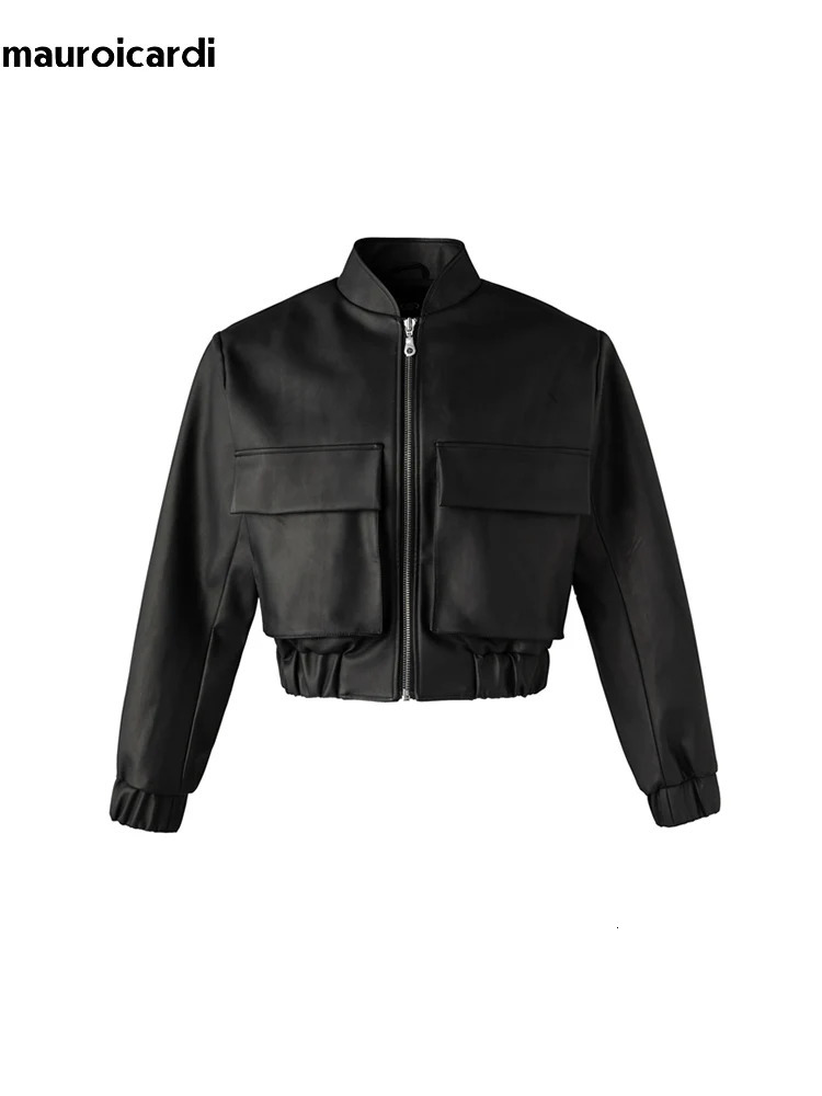 Mauroicardi Spring Autumn Cool Short Loose Black Hard Pu Leather Bomber Jacket Men Zipper Pockets Clothes 2023 250225
