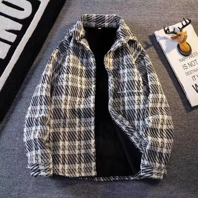 Vintage Plaid Kint Shirt For Men Autumn Winter Thick Long Sleeve Jacket Tops Coat Fashion Casual Hip Hop Oversized Shirts Male 250228