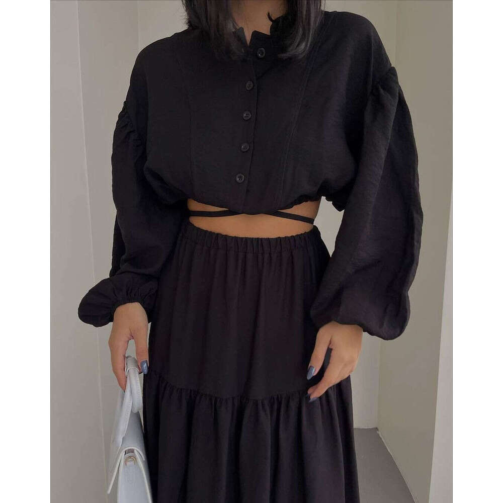 2024 European and American new lace up long sleeved top pleated split skirt set