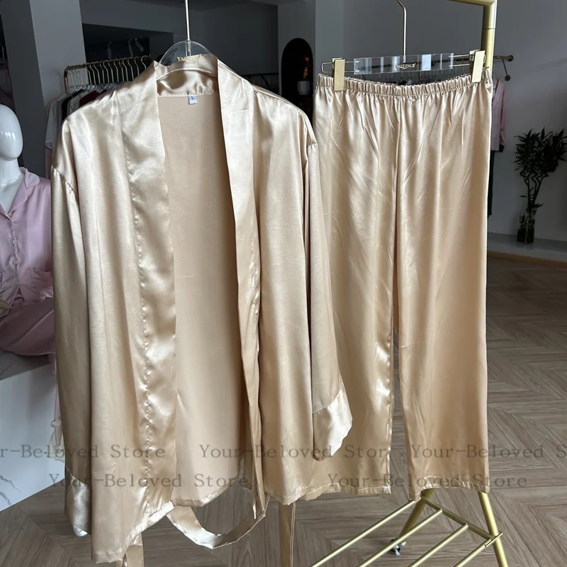 Black Pajamas Suit Women Elegant Kimono pants 2Pcs Satin Sleepwear Casual Home Clothes Long Sleeve Pjs Lady Ice Silk Outfit 250226bj