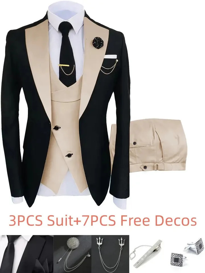 Mens 3-Piece Set Slimming Wedding Dress Dance Party Dress Elegant Formal Event Dress Set JacketPantsVest 250224