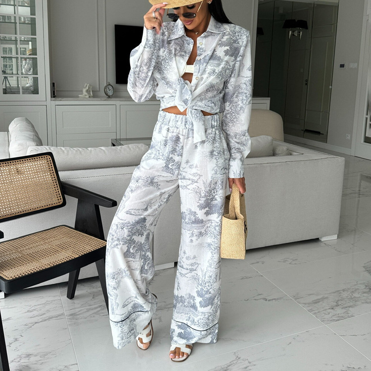 New4 New Chinese Style Ink Printing For Women's Wear, Flip Collar Shirt, High Waist Pants, Fashion Two Piece Set