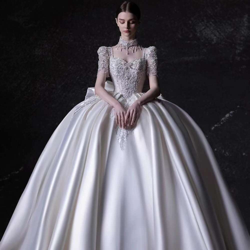 Custom Dress Satin Appliques Dresses Square Collar Naked Back Robe Marriage Shiny Wedding Dresses