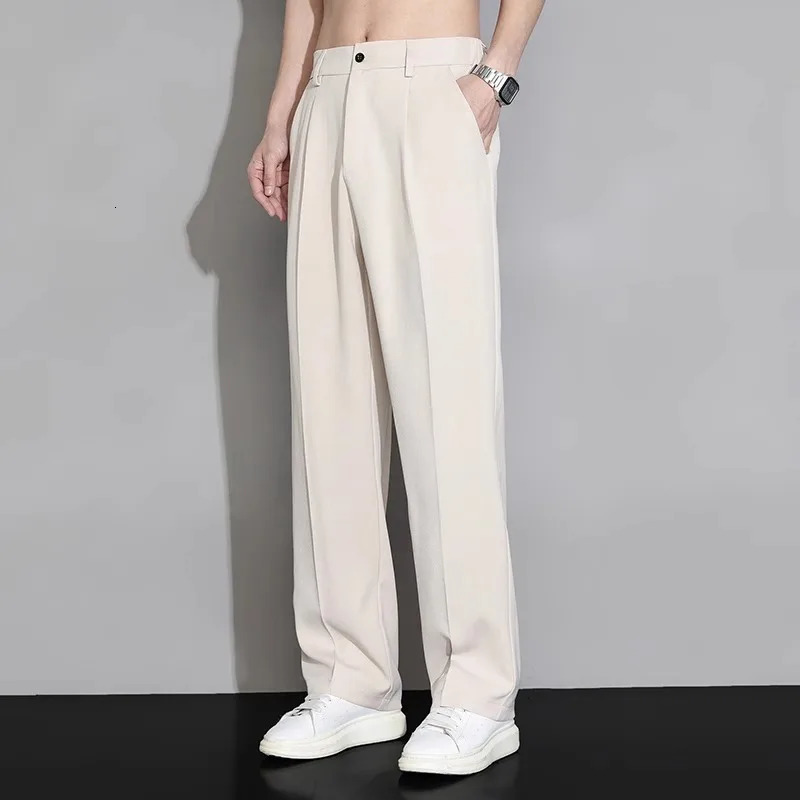 Suit Trousers Casual Men Summer Ice Silk Style Fashionable Loose Straight Wide-leg Trousers 250227