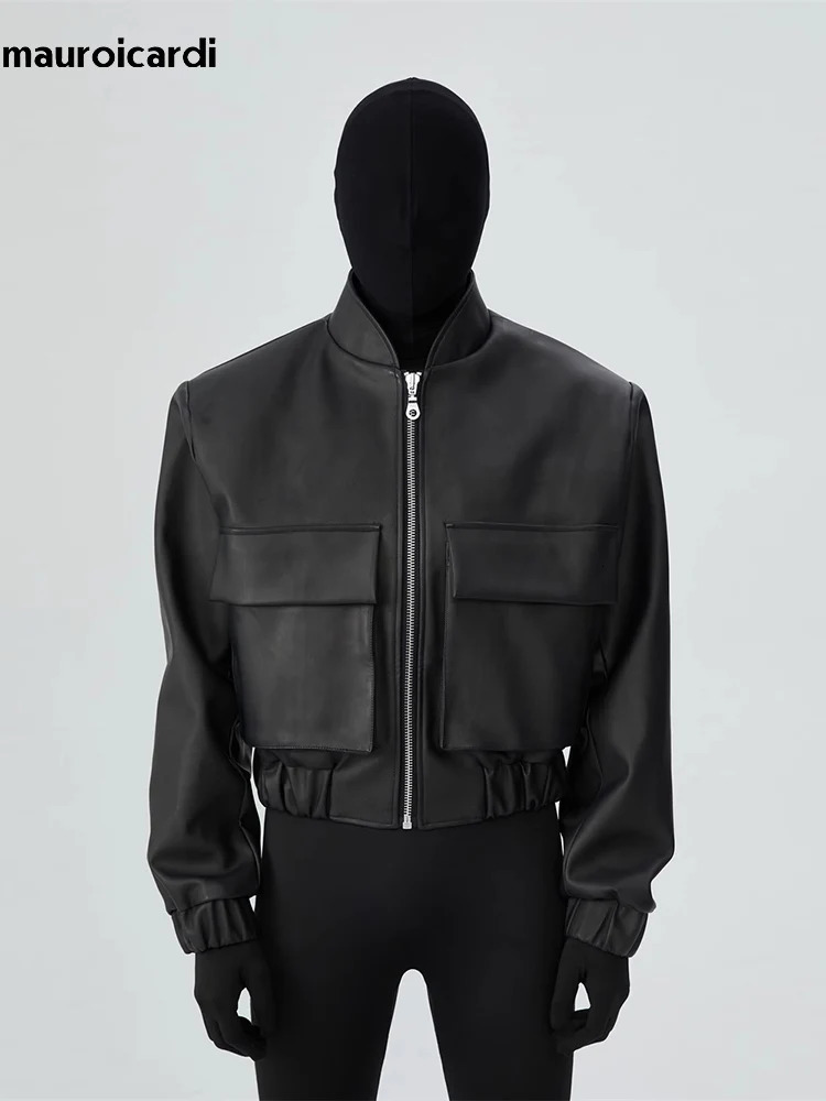 Mauroicardi Spring Autumn Cool Short Loose Black Hard Pu Leather Bomber Jacket Men Zipper Pockets Clothes 2023 250225