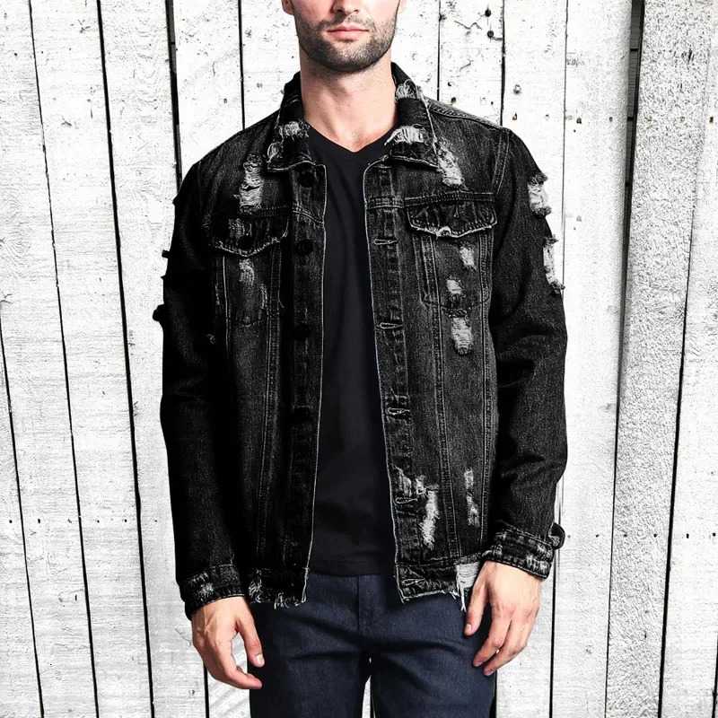 Street Fashion Ripped Denim Jacket Mens Classic Vintage Denim Jacket Fall Winter Worn Torn Denim Jacket Hip-hop Skateboarding 250225