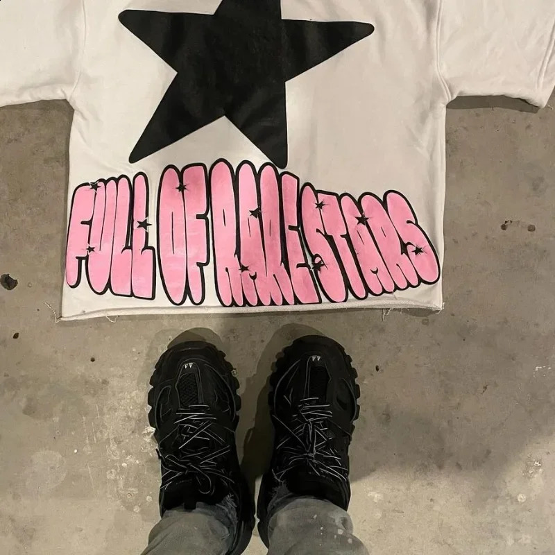 High Street Goth Pink Star Printed Tshirt clothing y2k top oversized graphic Harajuku short sleeve men wear 250228Z