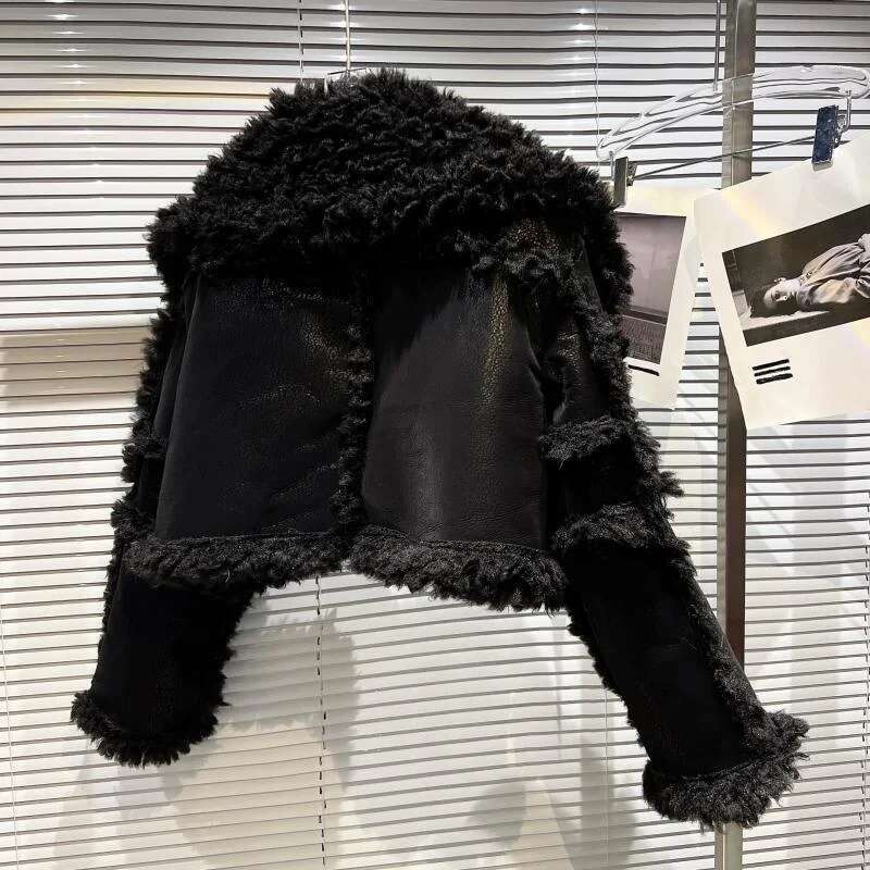 PREPOMP 2024 Winter New Collection Long Sleeve Big Turn Down Collar Faux Fur Leather Black Pu Jacket Women Blazer Coat Gh141