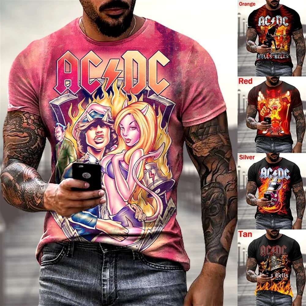Men's and Women's Graphic Short Sleeve T-Shirt, College Hip Hop T-Shirts, 3D Casual T-Shirts, Rock Fashion, ACDC Music, Personality, New