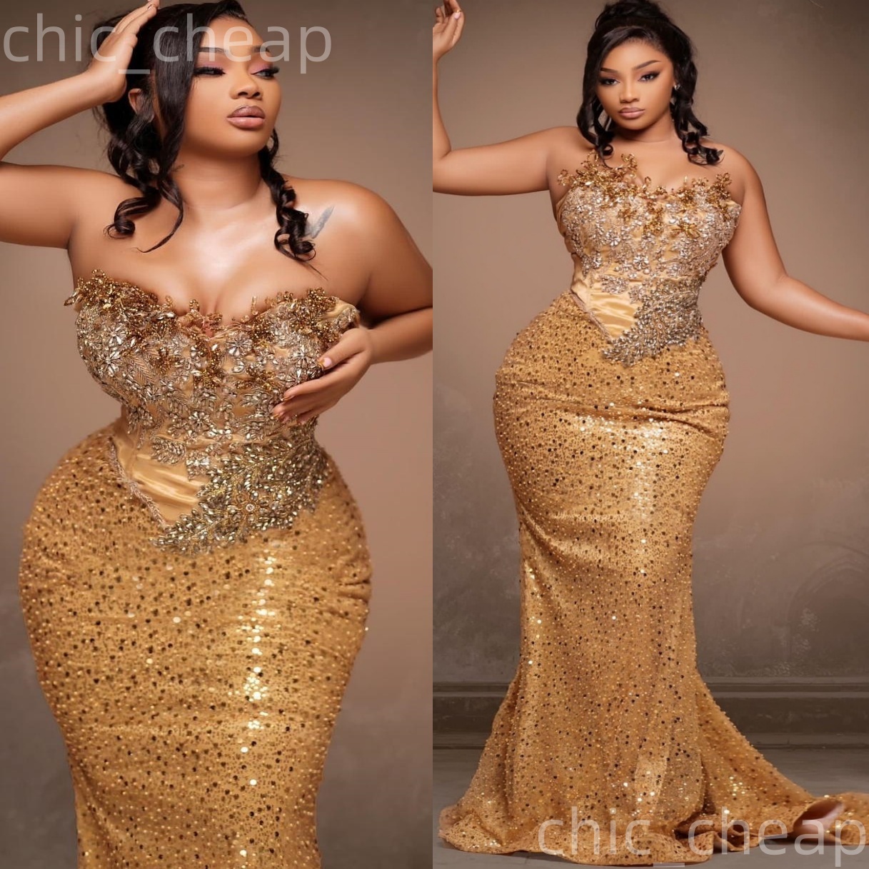 Gold Mermaid Prom Dresses 2025 Sequined Beaded Crystals Sweetheart Evening Formal Party Second Birthday Engagement Gowns Plus Size Dress For Special O