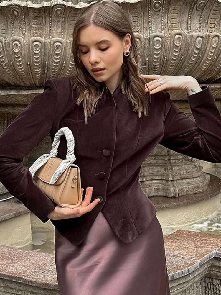 Chic Women Slim Jacket Vintage Turn-Down Collar Full Sleeve Pockets Female Coat Autumn Solid Sing-Breasted Ladies Office Outwear