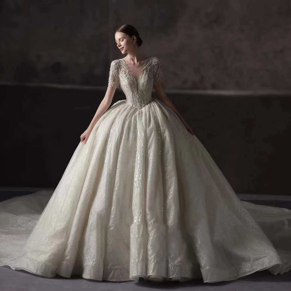 Train Court with V-neckline Short Sleeves Lace Wedding Dresses Custom lsht053