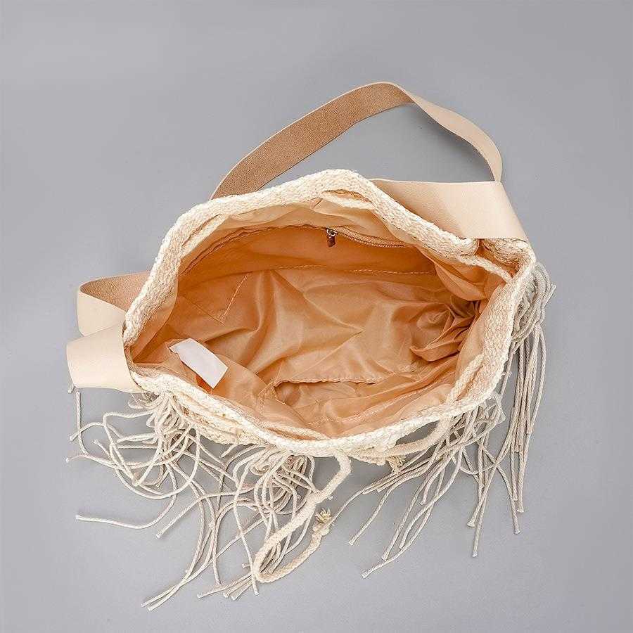 Handwoven tassel grass woven bag for women summer beach drawstring handbag with large capacity shell single shoulder diagonal cross bag 250215