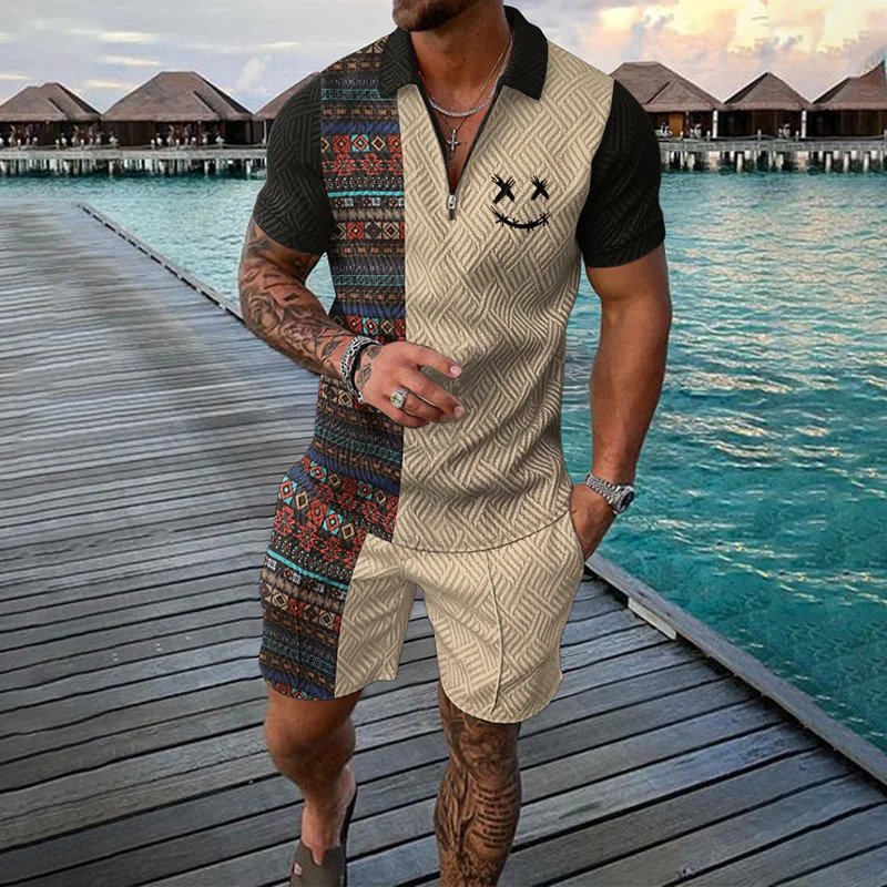 Men Tracksuit Summer 3D Printed Beach Zipper Polo Shirts Shorts 2pcs Sets Boho Geometric Style Holiday Clothing High-quality 250224