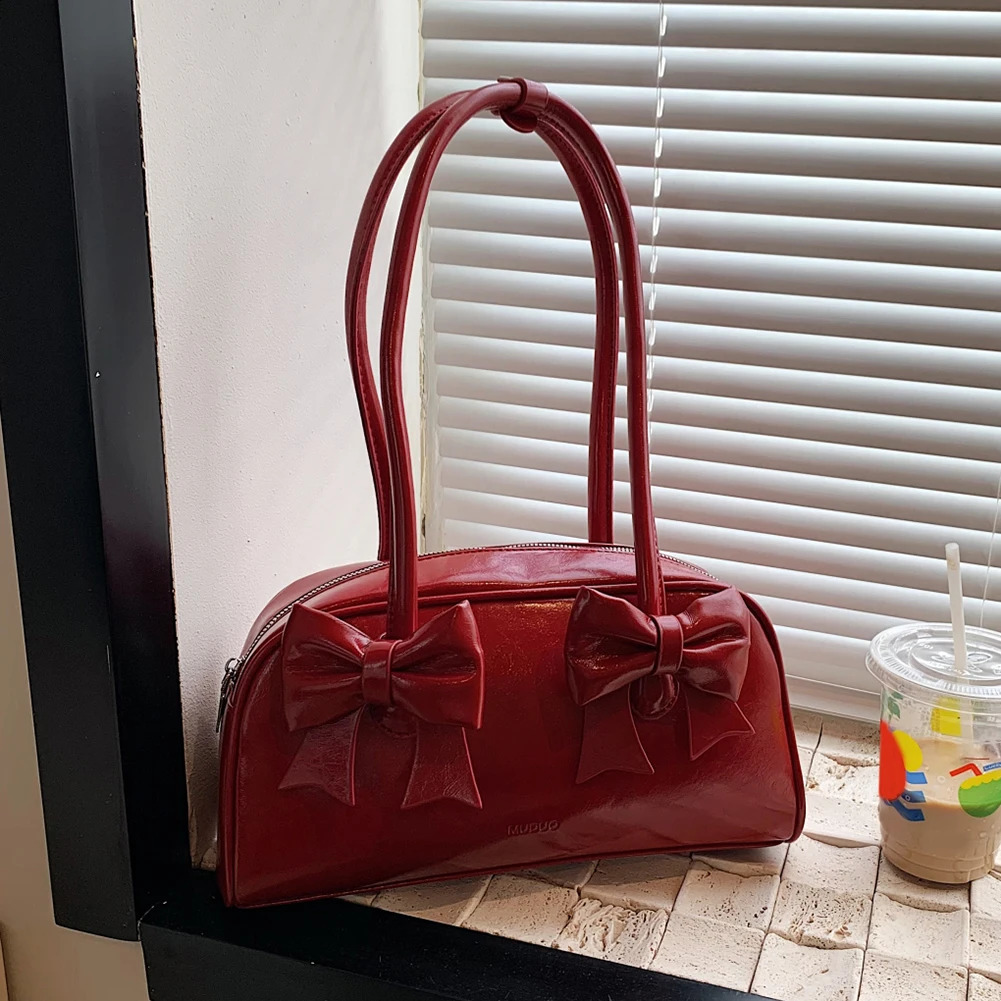 Ship from US Women Shoulder Bag Bowknot Pu Leather Boston Tote Solid Color Handbag Shopping 250227FBB