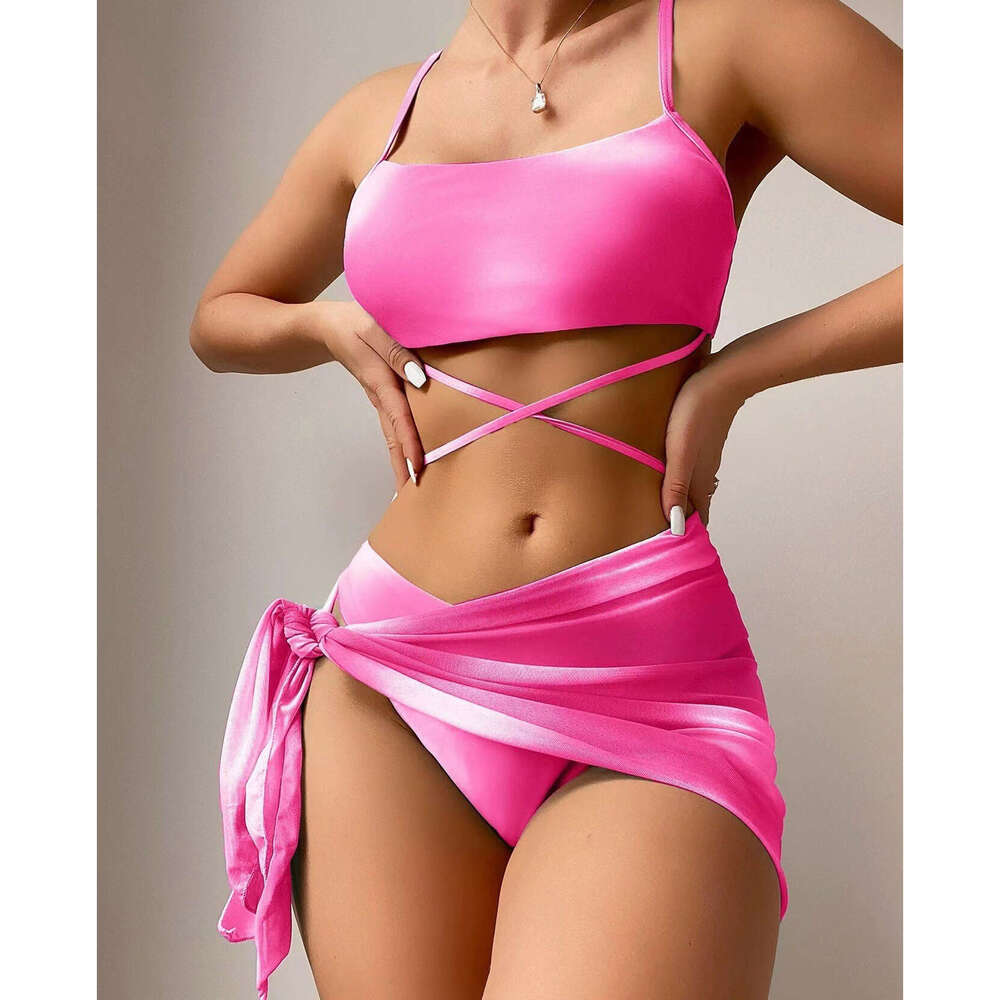 European and American tie dye women's three piece set mesh skirt split bikini swimsuit 2025 temperament versatile new trend clothing ins