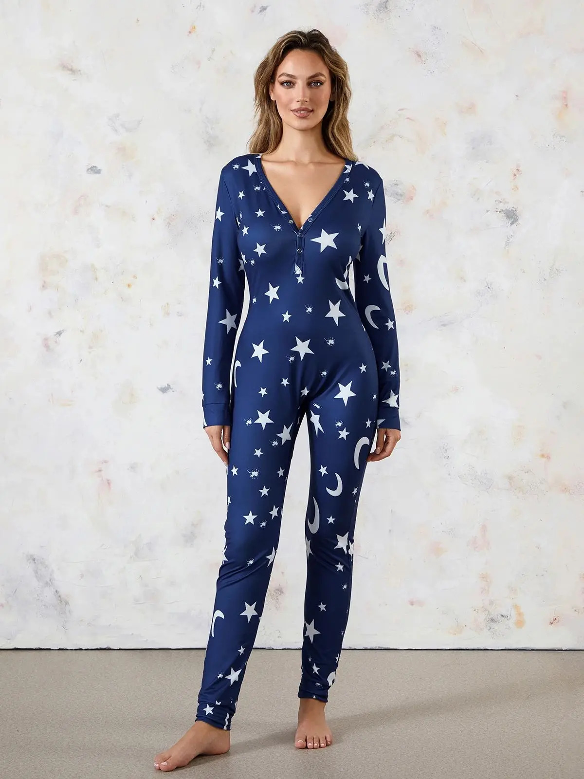 Women Buttoned Flap Jumpsuits Sleepwear Cow Printed Long Sleeve V Neck Bodycon Romper Spring Fall Loungewear 250225