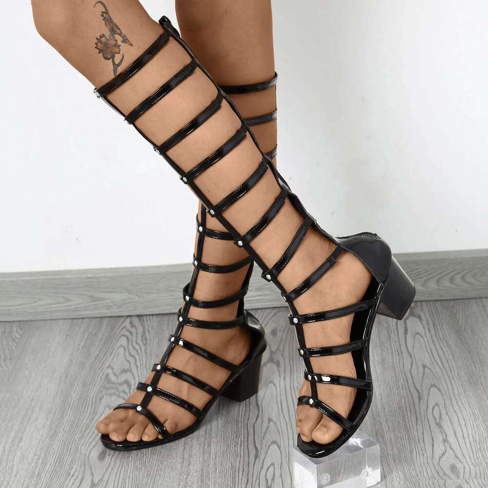 Summer Long Knee Length High Heeled Hollow Back Zippered Roman Sandals For Women Sandalias De Mujer Verano
