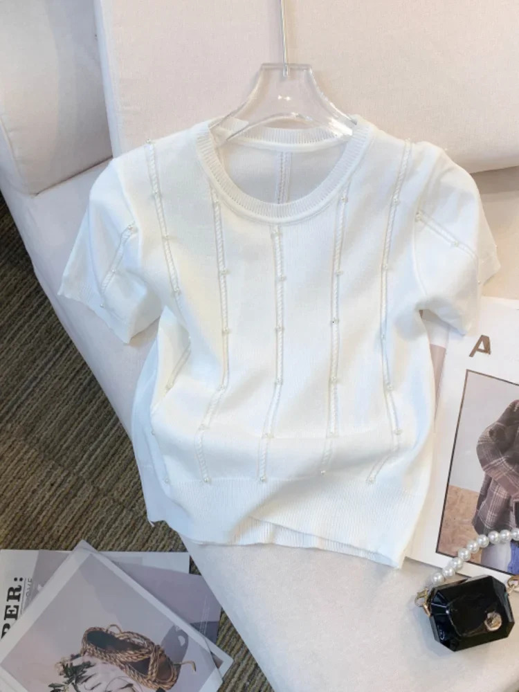 2025 Thin Solid Color Crew Neck Beaded Sweater Chic Short Sleeve Knit Top For Spring Summer Womens Clothing Crop 250225