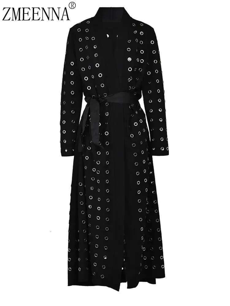 ZMEENNA Black Hollow Out Belted Trench Women New V-Neck Long Sleeve Windbreaker Fashion Tide Spring Autumn 2024 Xf2250