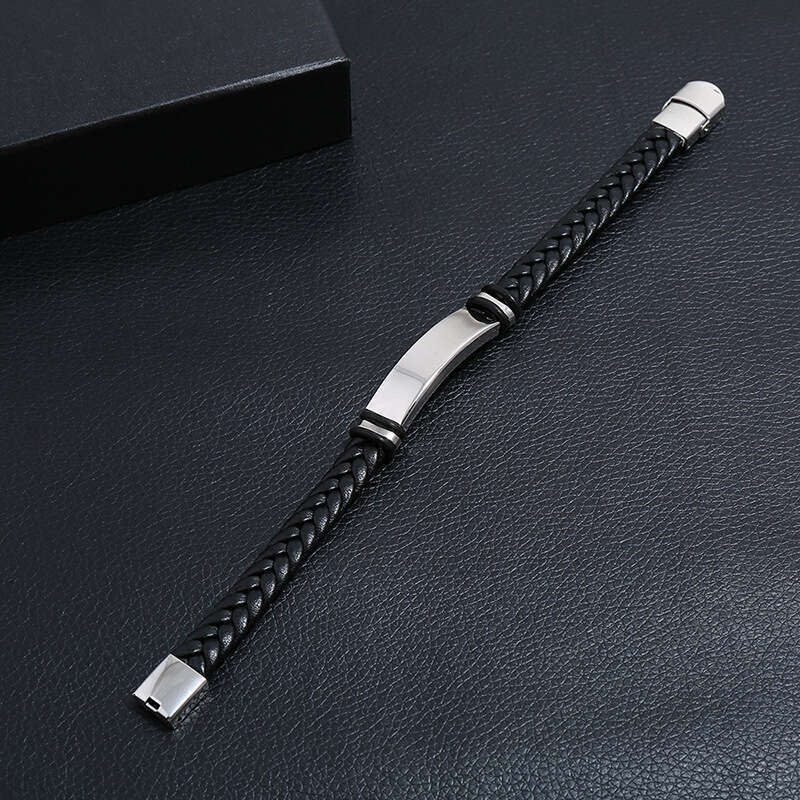 Leather woven stainless steel men's simple smooth PU leather bracelet