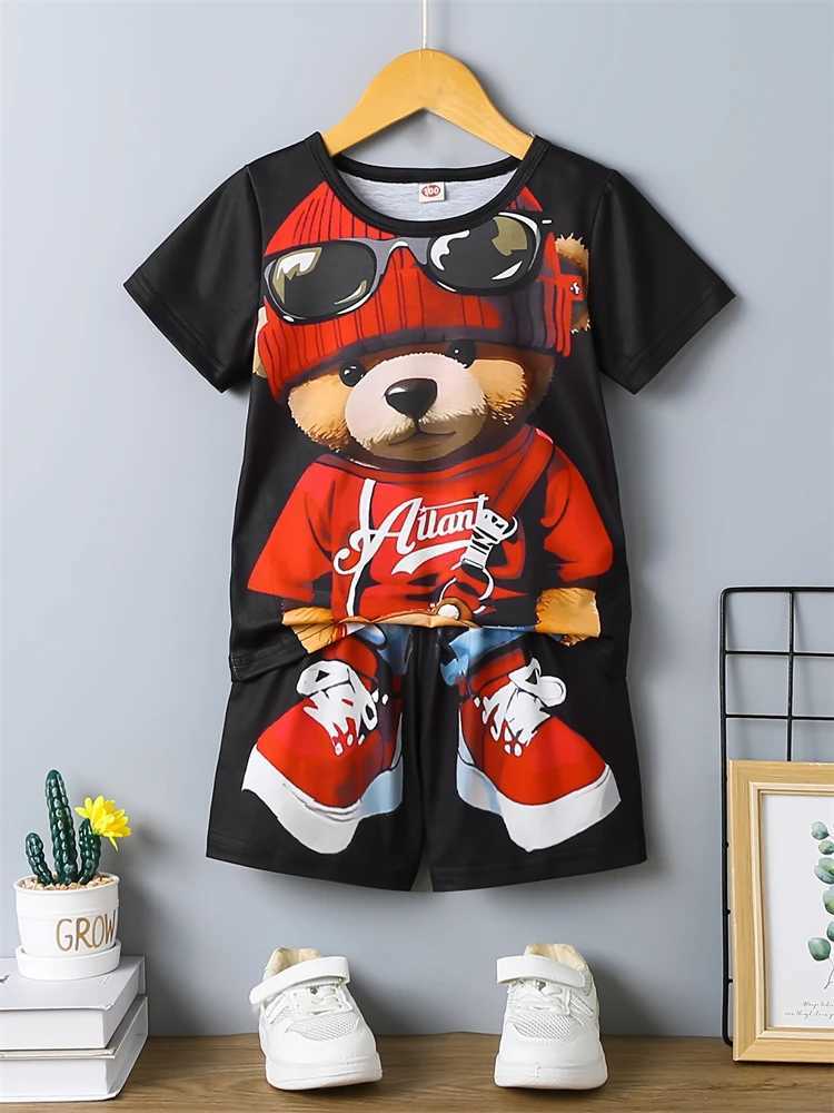 Summer Daily Casual Mens Short Sleeve Outdoor Sports Mens Beach Pants Fashion Bear Pattern Mens T-shirt and Shorts 2-piece Set X250228