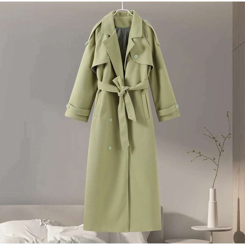Vintage Double Breasted Lapel Women Long Coat Elegant Full Sleeve Loose Female Jacket With Belt Autumn Casual Ladies Streetwear