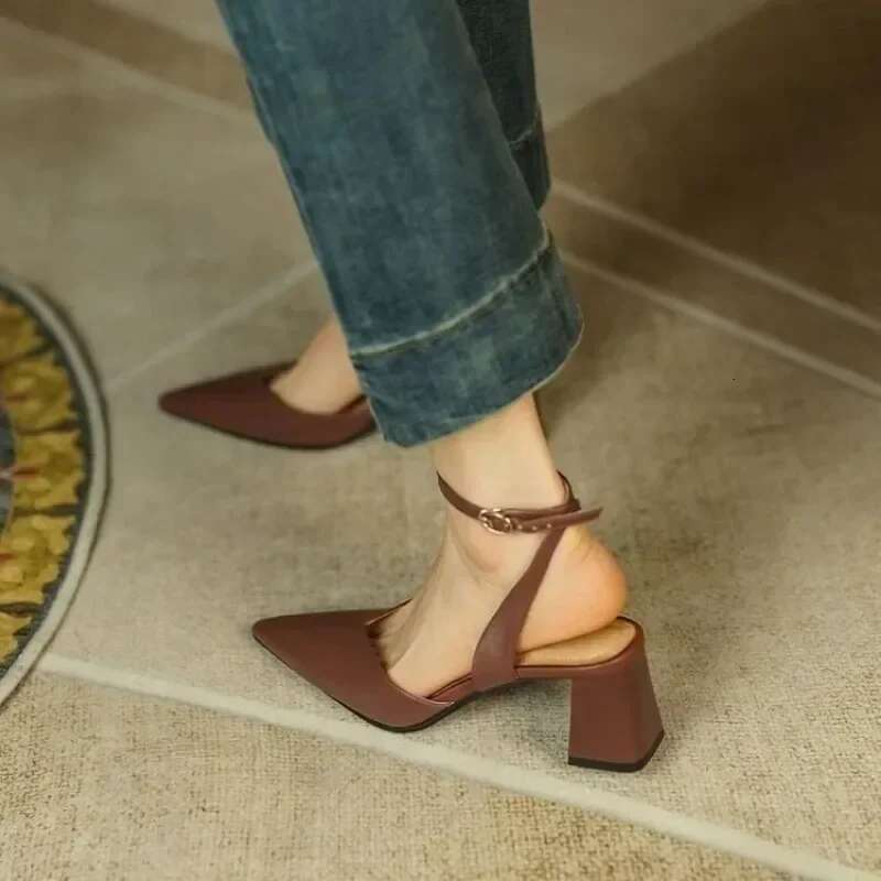 Backless Mary Jane Vintage High Heels Elegant Fashion Pointed Sandals Shoes for Women Tacones Mujer