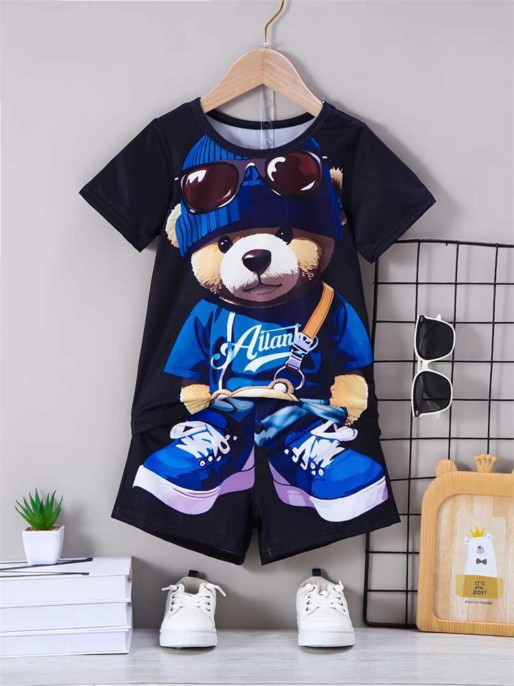 Summer Daily Casual Mens Short Sleeve Outdoor Sports Mens Beach Pants Fashion Bear Pattern Mens T-shirt and Shorts 2-piece Set X250228