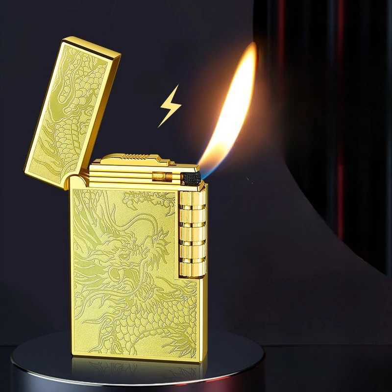 2024 Metal Steel Sound Chinese Dragon Oblique Fire Inflatable Lighter Side Pulley Igniting Butane Gas Pipe Lighters Smoking Gift Y250228